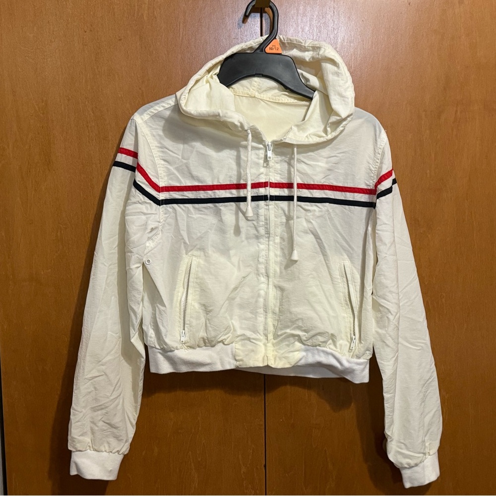 Womens Crop Windbreaker White Red Blue Stripe Hood Nylon Long Sleeve